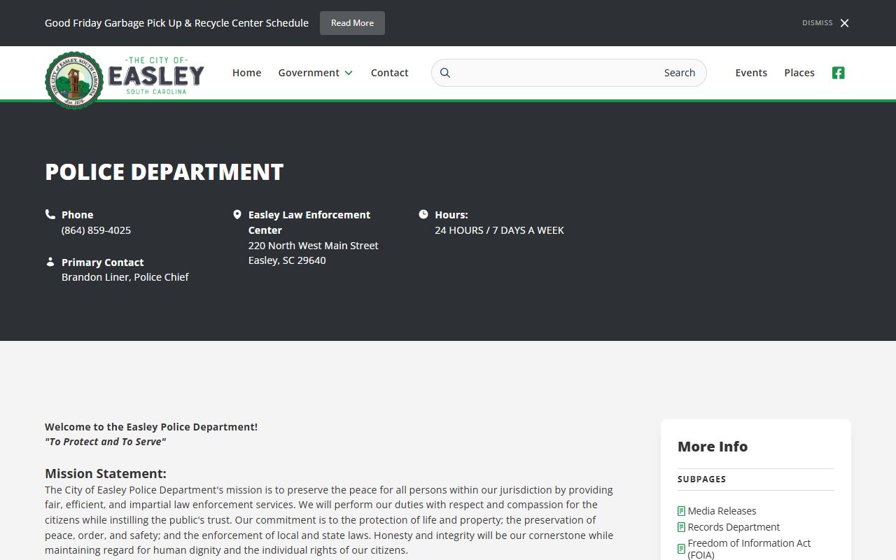 Easley Police Department page for Easley arrest records