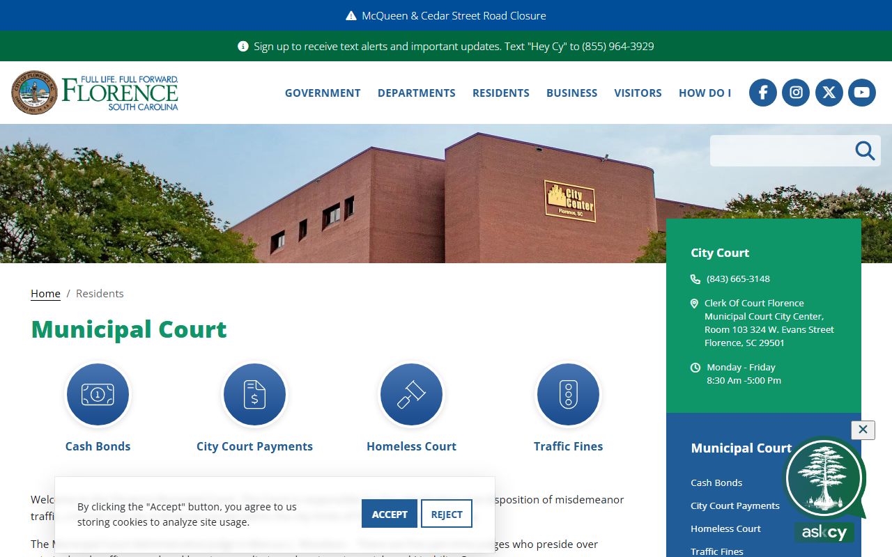 Florence Municipal Court page for Florence arrest records