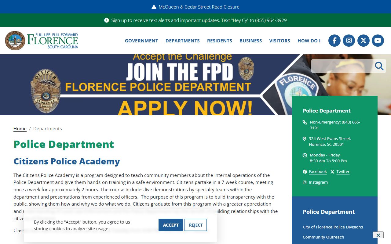 Florence Police Department page for Florence arrest records