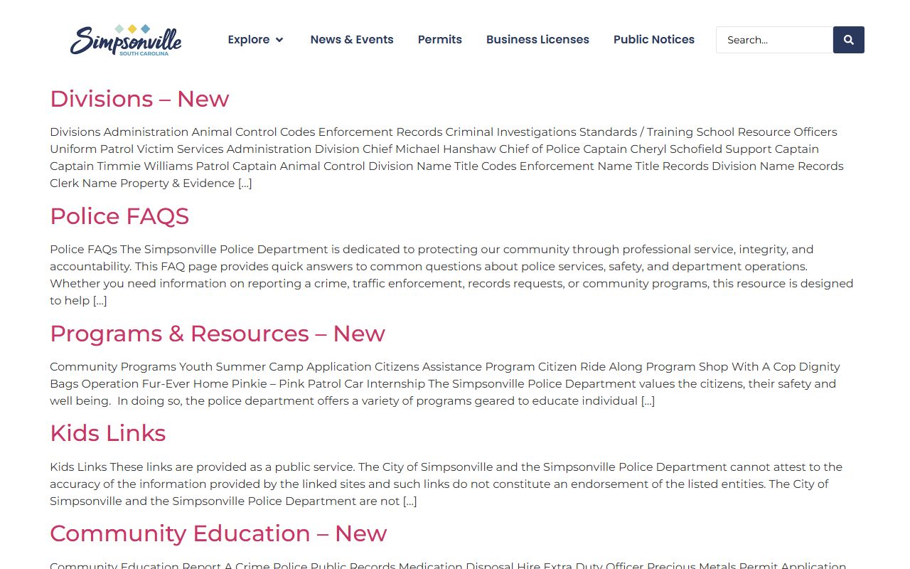 Simpsonville Police Department page for Simpsonville arrest records