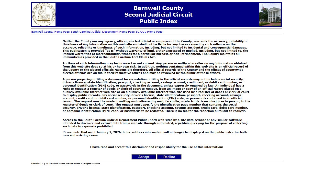 Barnwell County Public Index for criminal case and arrest records search