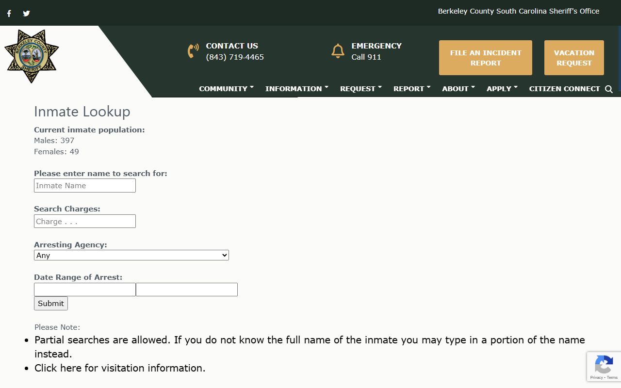 Berkeley County Sheriff inmate lookup tool for arrest records
