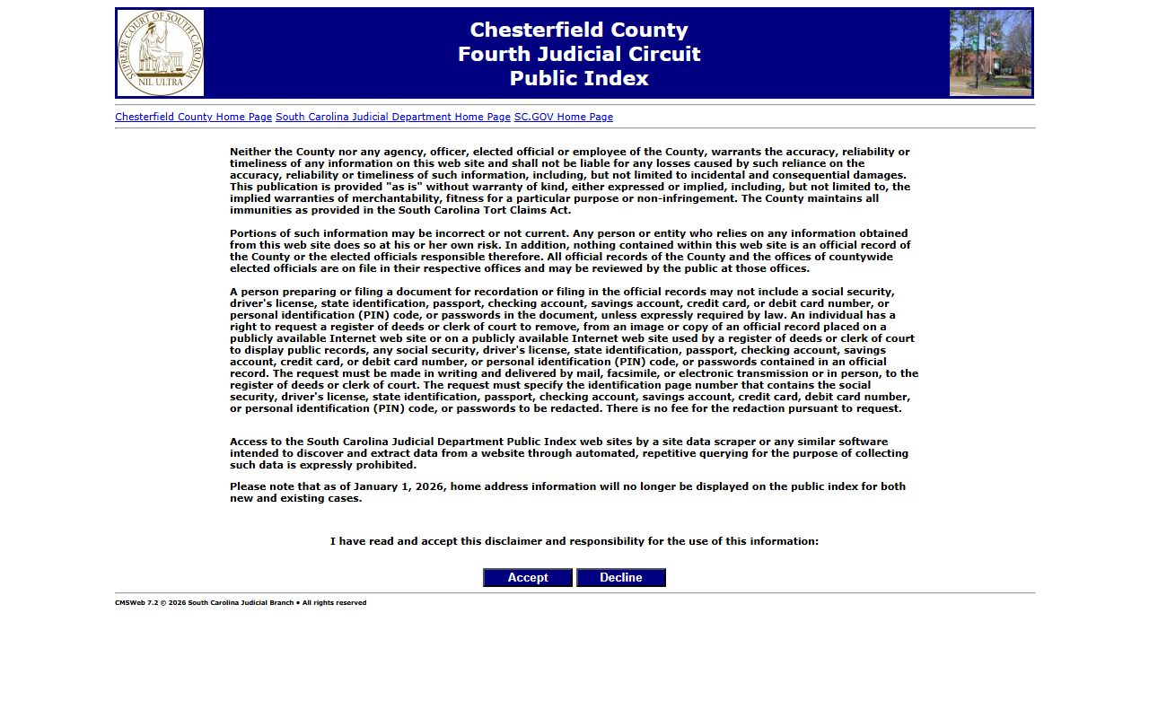 Chesterfield County judicial court public index for arrest records