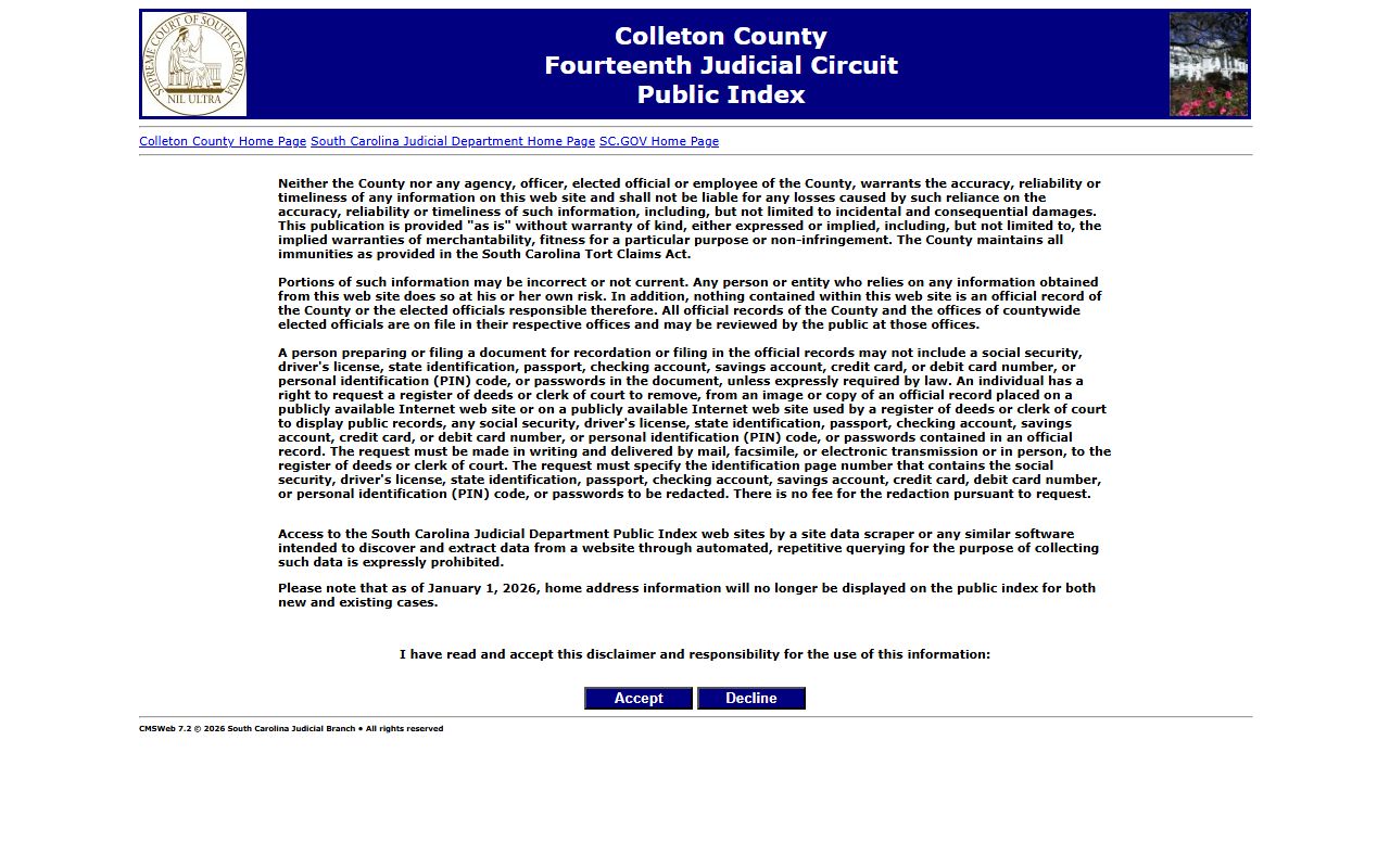 Colleton County judicial court public index for arrest records