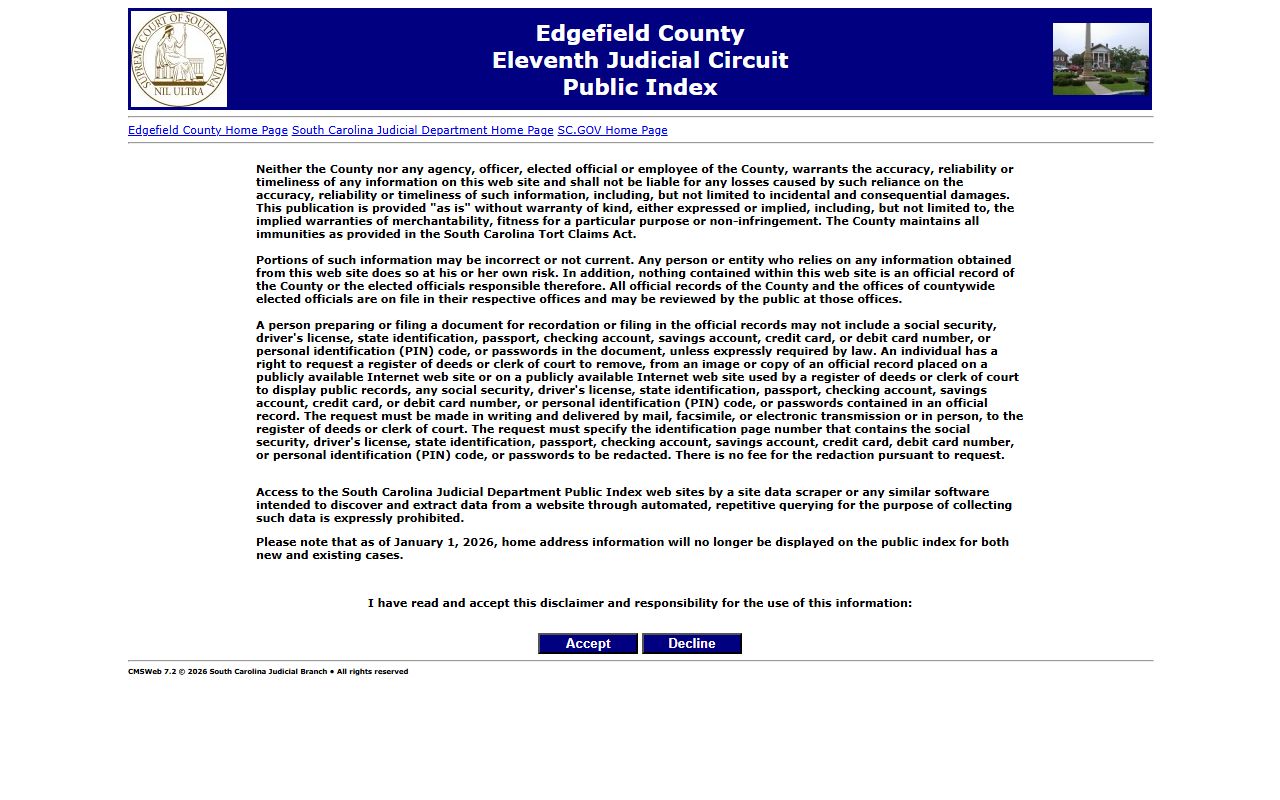 Edgefield County judicial court public index for arrest records