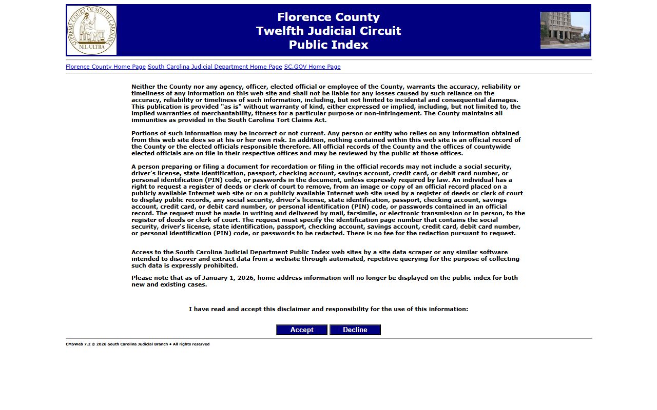 Florence County judicial court public index for arrest records