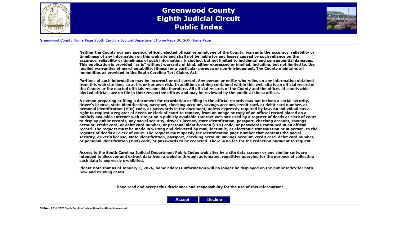 Greenwood County judicial court public index for arrest records