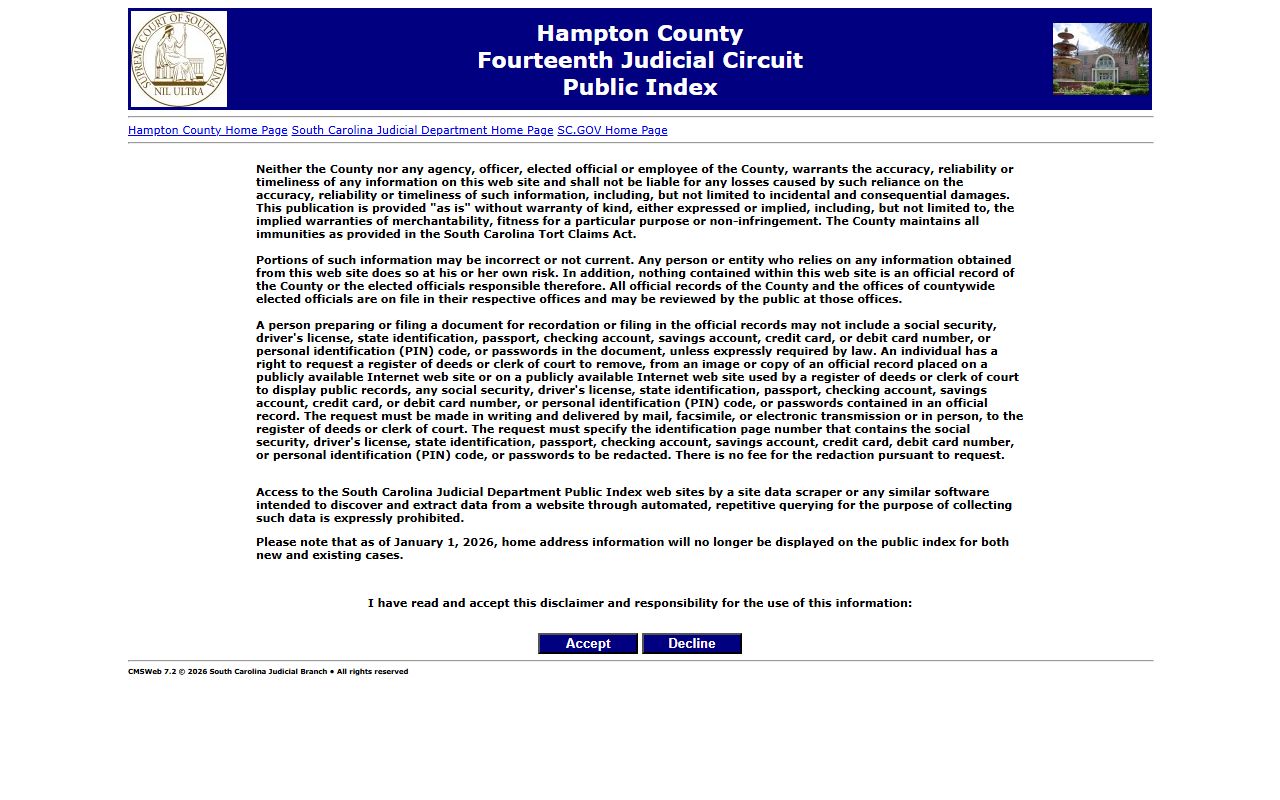 Hampton County judicial court public index for arrest records