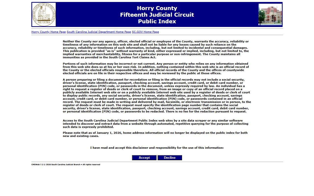 Horry County arrest records on the South Carolina Judicial Branch Public Index