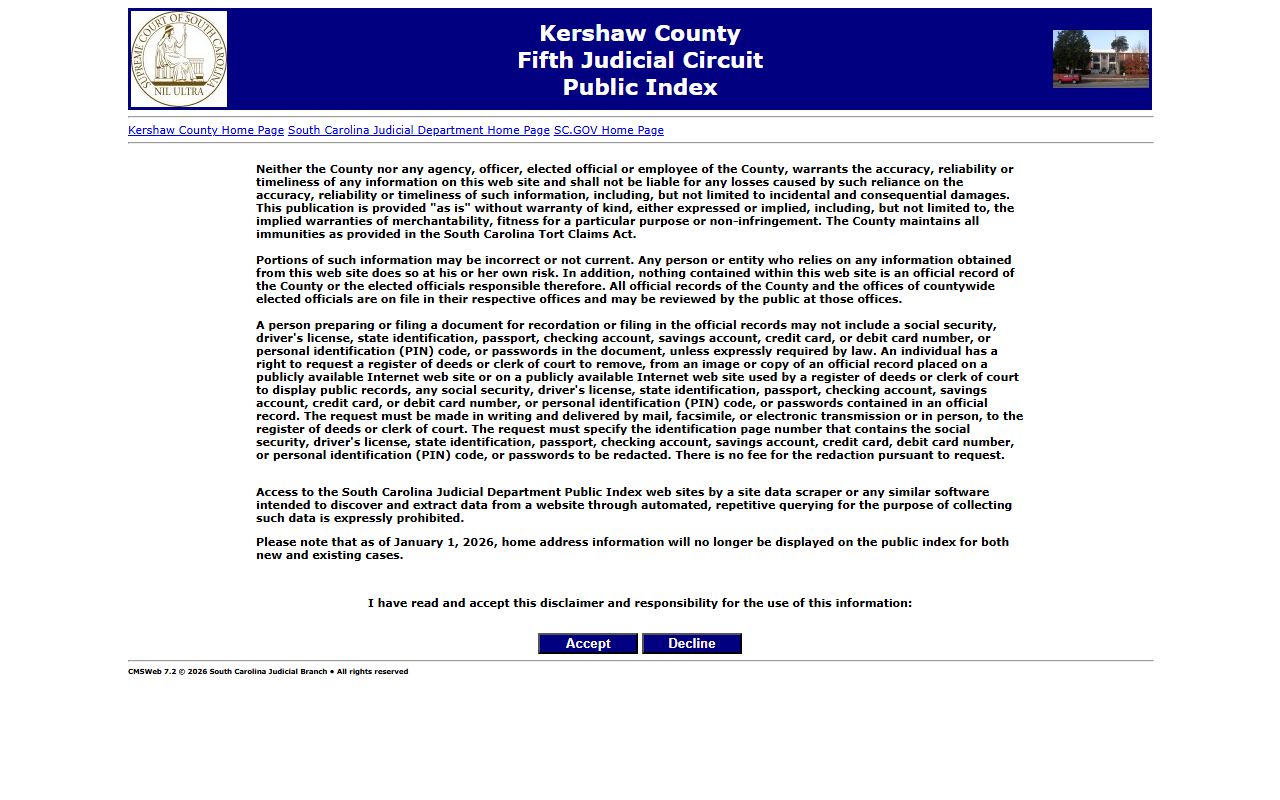 Kershaw County arrest records on the South Carolina Judicial Branch Public Index