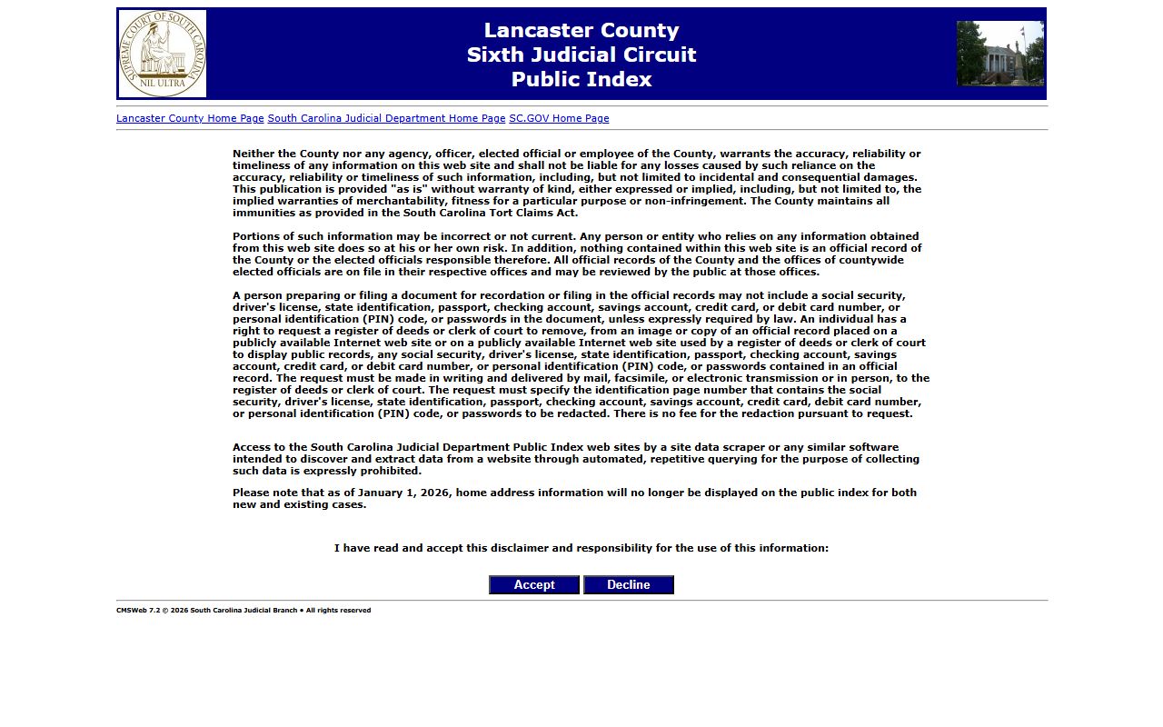 Lancaster County arrest records through the South Carolina Judicial Branch Public Index