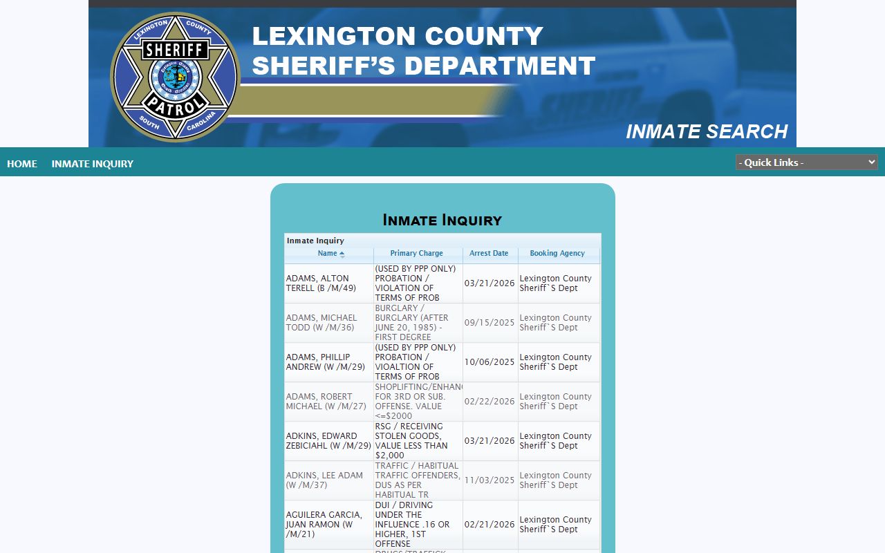 Lexington County Detention Center inmate search for arrest records