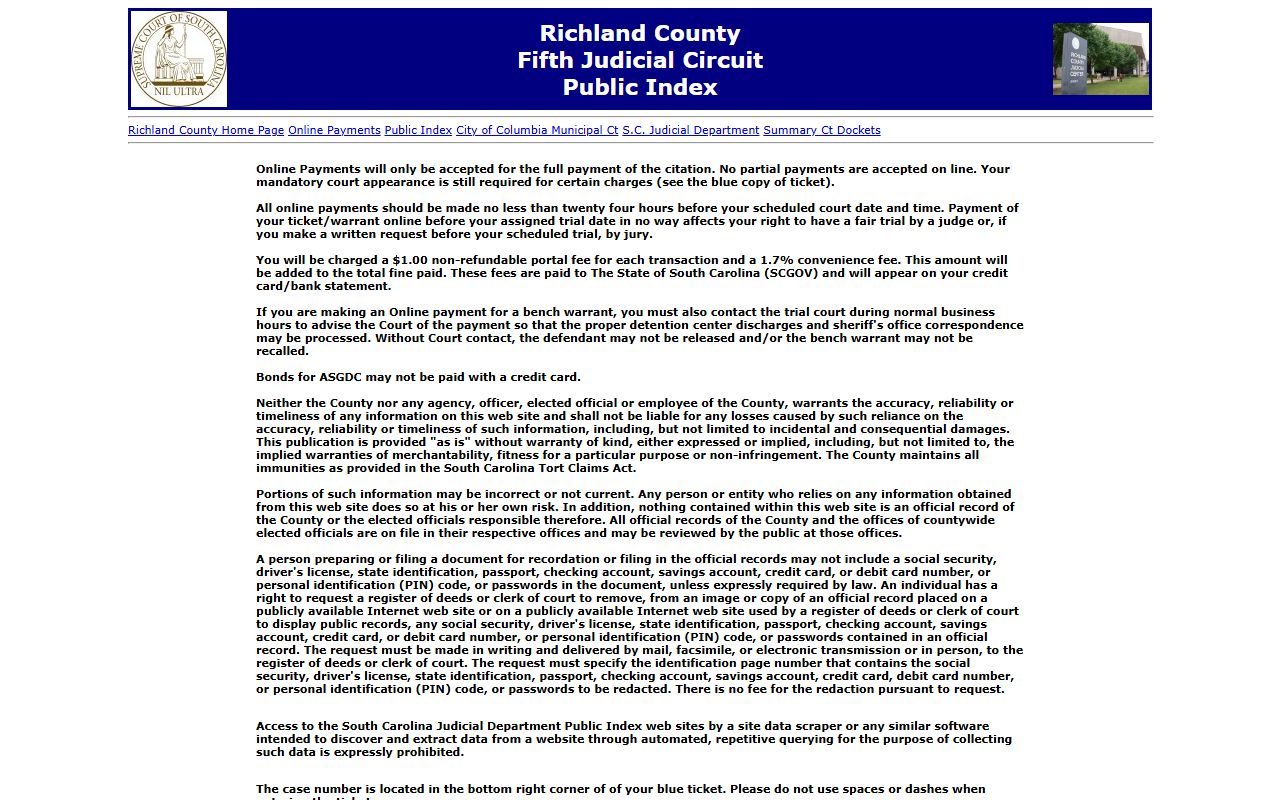 Richland County court public index for arrest records