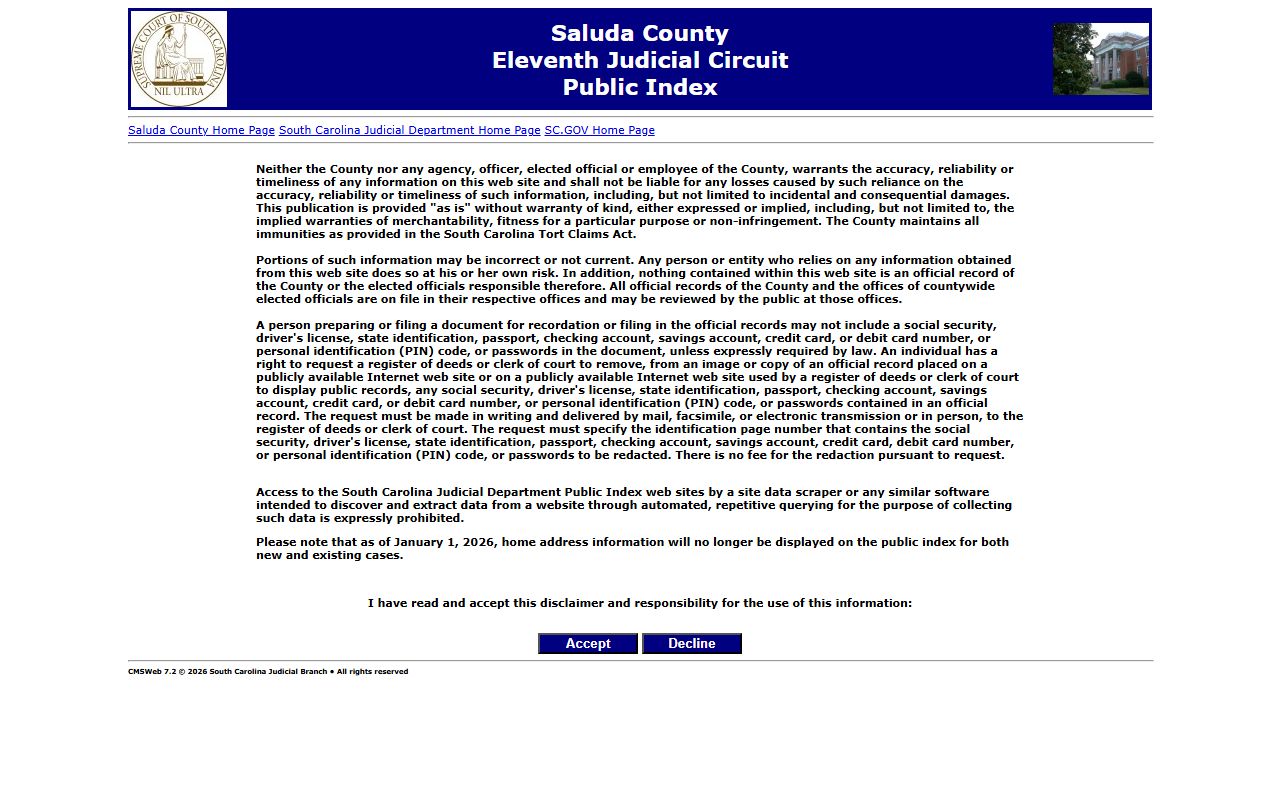 Saluda County court public index for arrest records