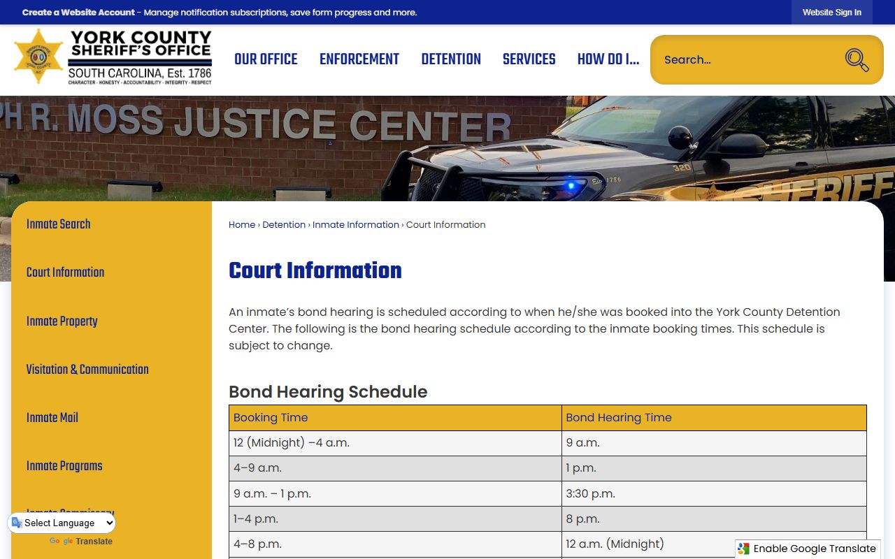 York County detention center information for arrest records
