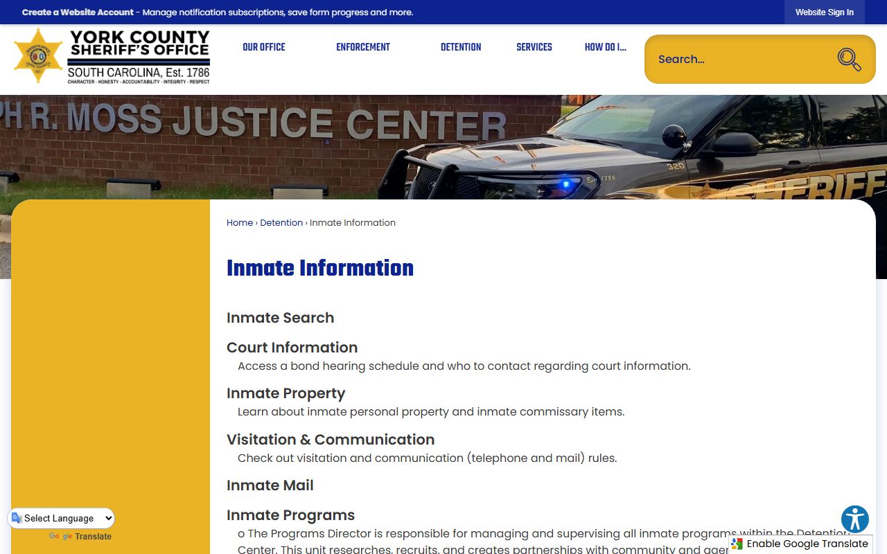 York County Sheriff inmate information page for arrest records