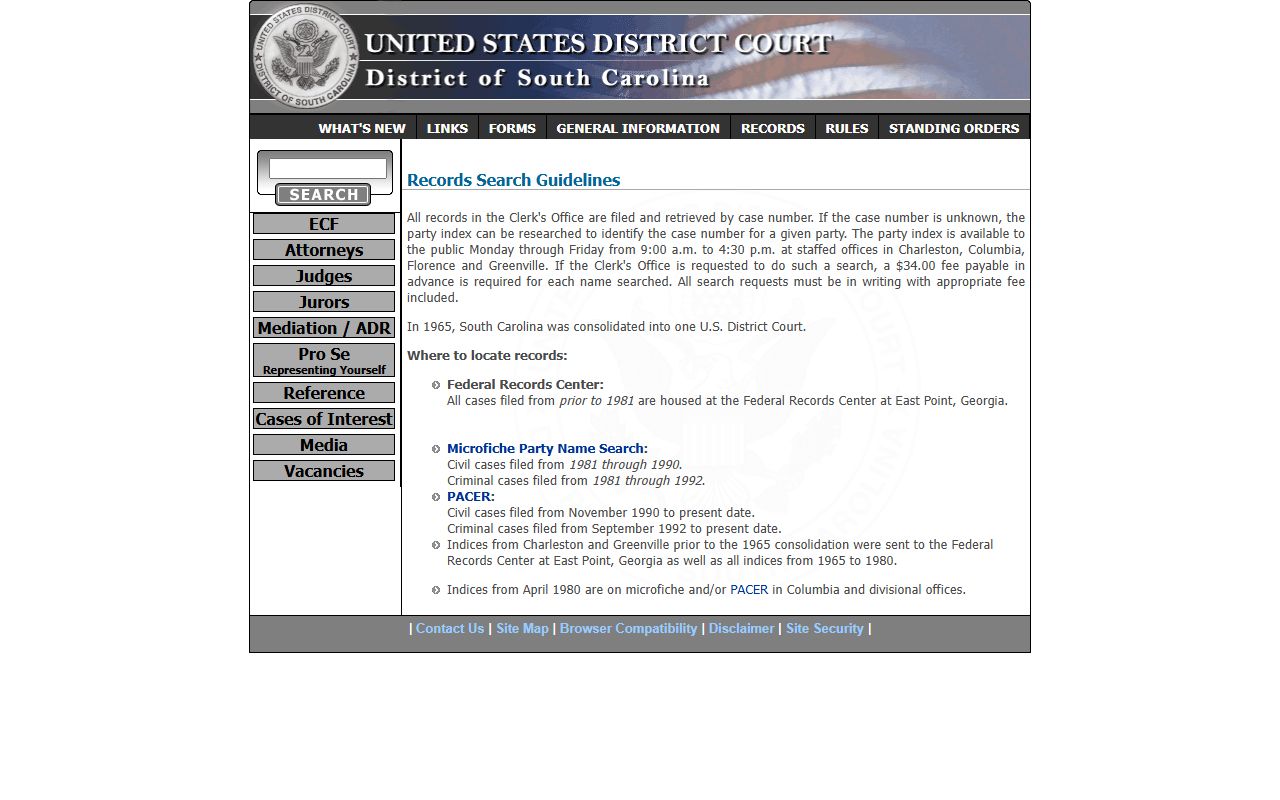 Federal court records search for South Carolina arrest cases