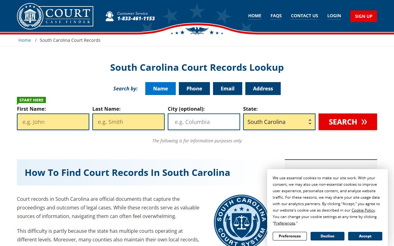 South Carolina court case search for arrest records lookup