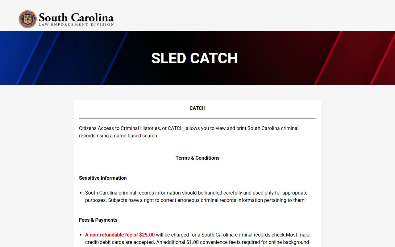 SLED CATCH criminal history search portal for South Carolina arrest records